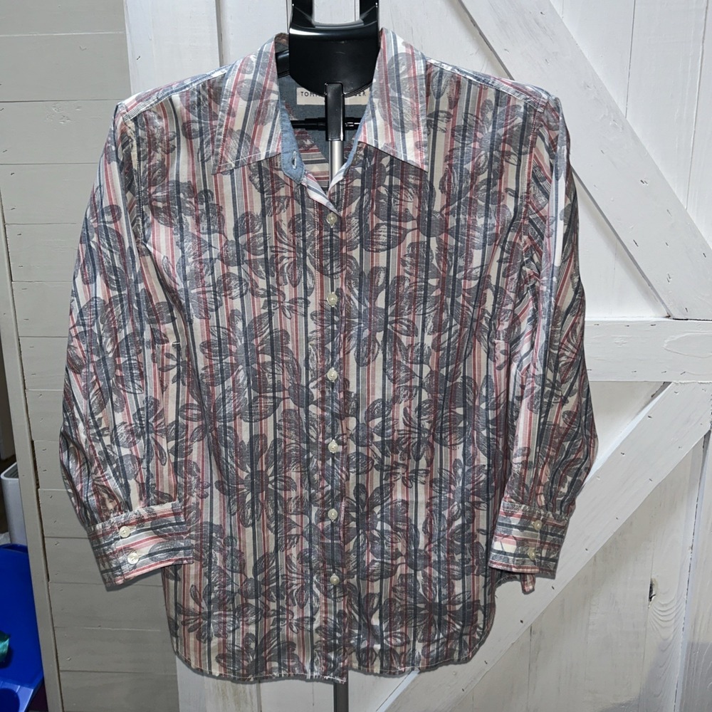 Tommy Hilfiger Woman Button Up Blouse Size 14 Stripe/Floral 3/4 Sleeve Logo